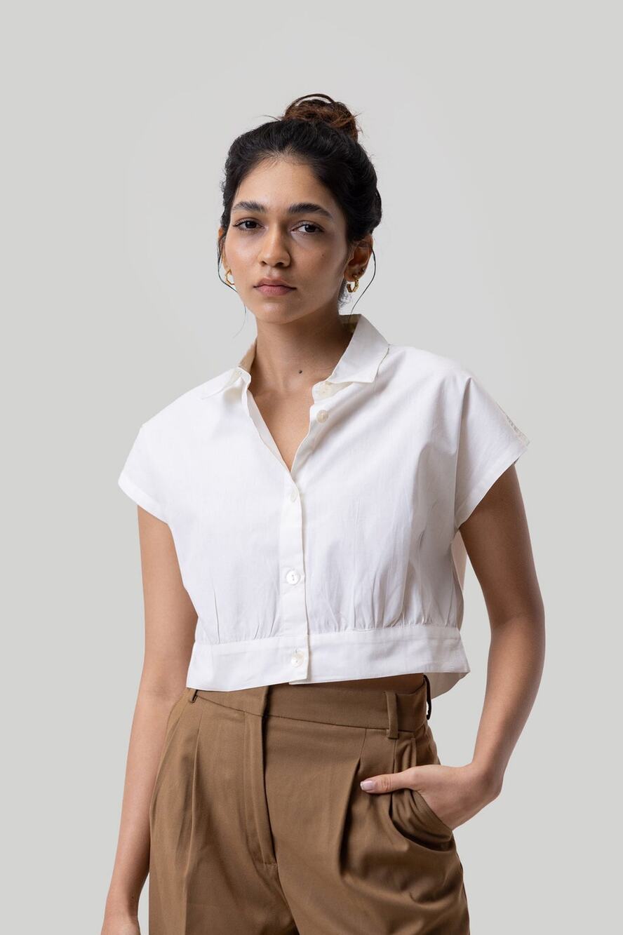 REISTOR Off-White Womens 100% Organic Cotton Cropped Button Up Shirt sz XS NWT